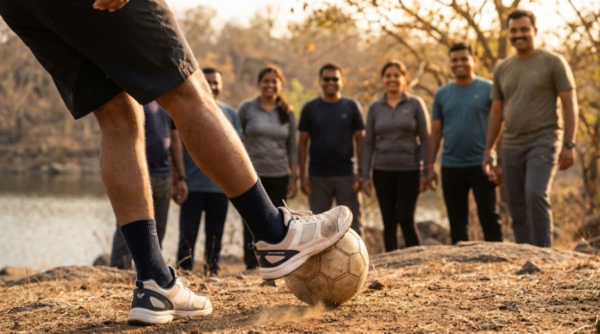 Group of participants playing football outdoors