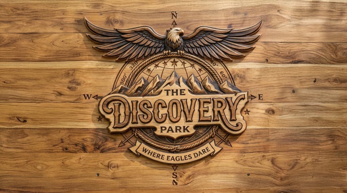 The Discovery Park logo carved in wood