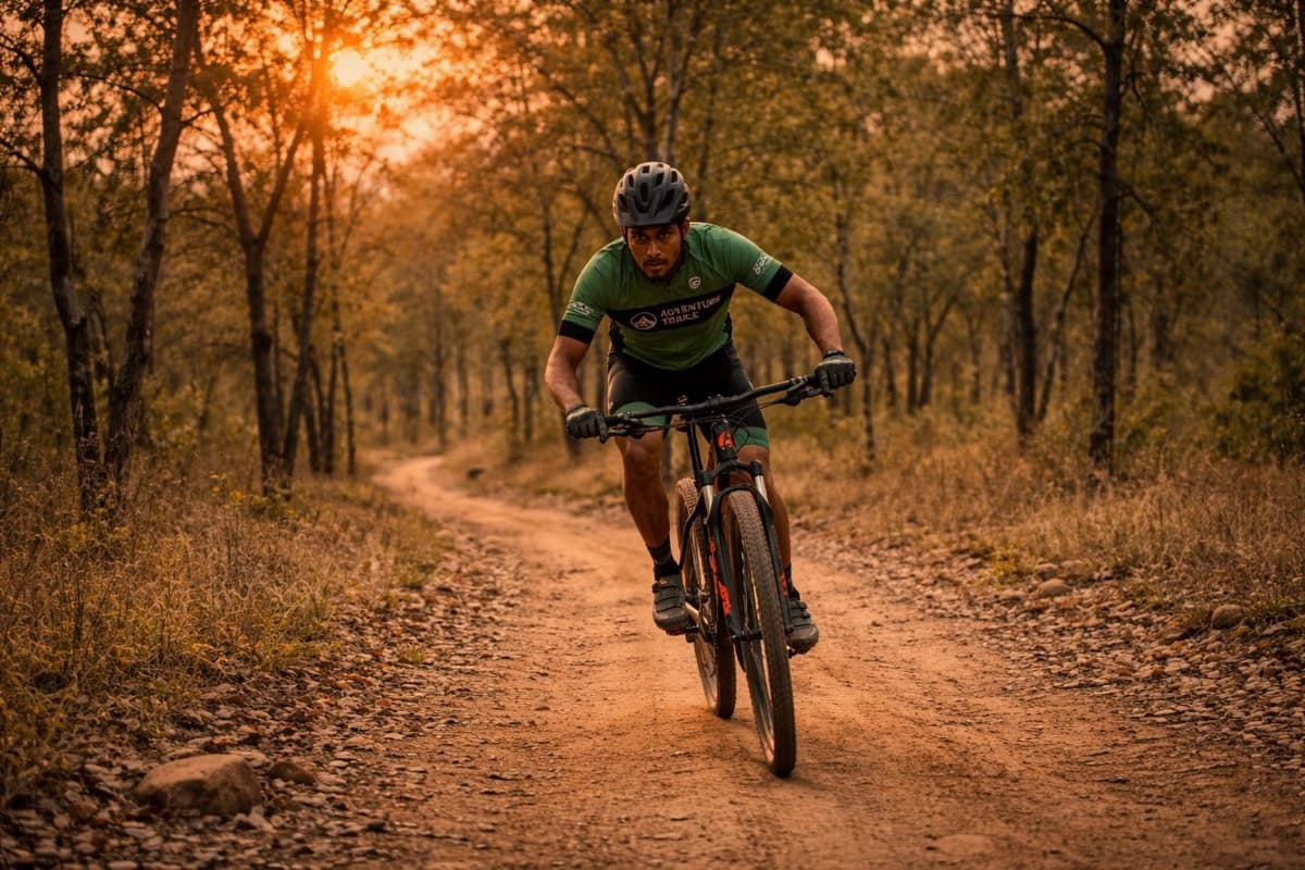 MTB rider racing through a forest trail