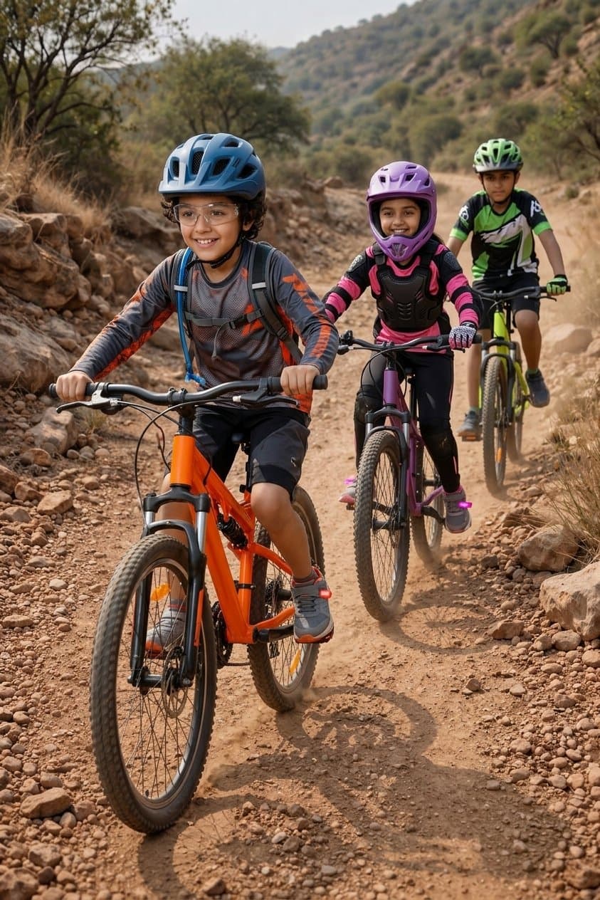 Children riding mountain bikes on a dirt trail